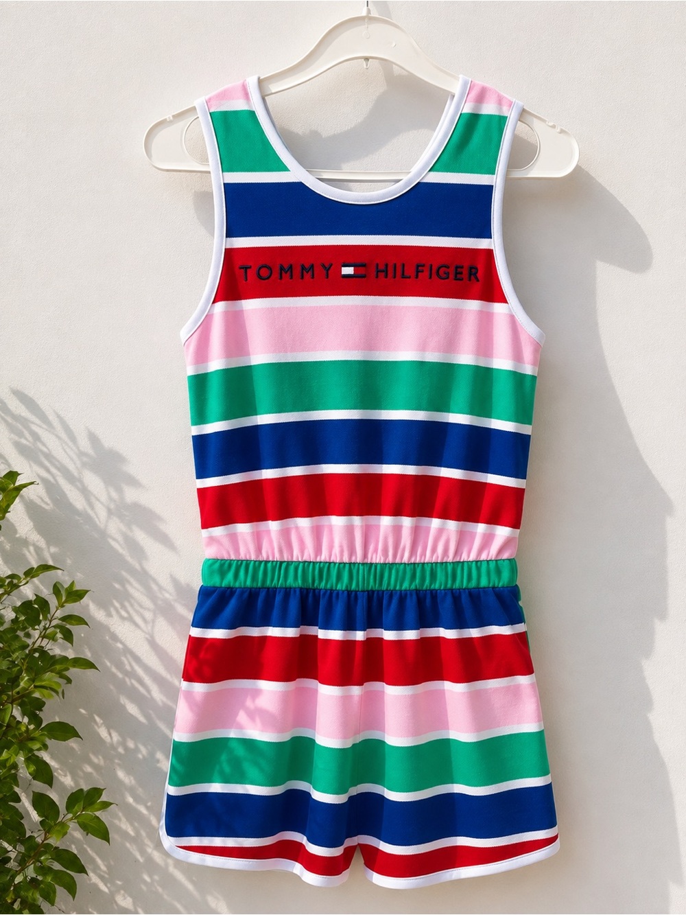Tommy Hilfiger Green Blue Red Pink Striped Girls One-Piece Swim Romper